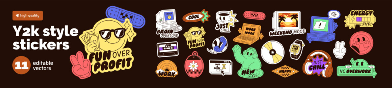 Y2k style sticker pack. Set of funny emoticons and comic emojis. Retro design of badges and labels with cute characters, computers, elements of 2000s and 90s. Flat isolated vector illustrations
