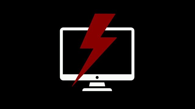 System Error Computer Screen with Red Lightning Bolt on Black Background, Alpha Channel