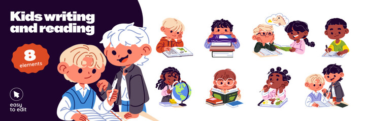 Naklejka premium Kids are writing and reading books set. Happy children are learning with textbooks. Cute little girls and boys enjoy child literature. Characters study. Flat isolated vector illustrations on white
