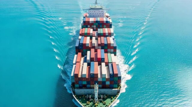 Container Ship at Sea: A massive container ship cuts through the deep blue ocean, its deck laden with colorful cargo boxes, symbolizing global trade and efficient logistics.
