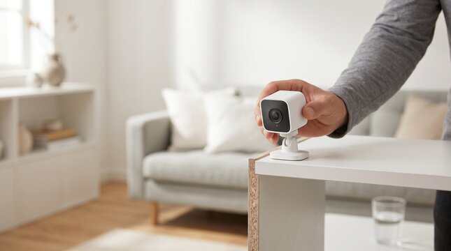 A person's hand places a compact white security camera on a modern living room table, ensuring home safety.