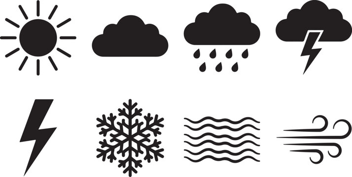 Weather icons, black silhouette symbols, rain cloud, sunny, snowflake, lightning bolt, wind, weather forecast graphics