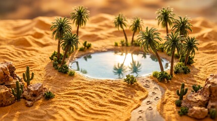 Fototapeta premium Desert Oasis Diorama with Crystal Water Pool and Palm Trees