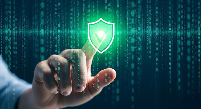 Hand Reaching for Glowing Green Shield with Checkmark on Dark Blue Binary Code Background