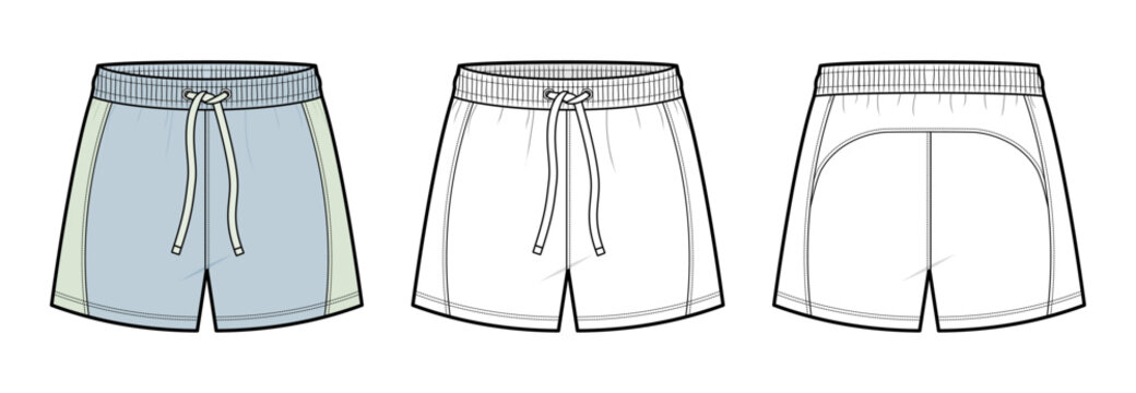 Curved Panel Track Shorts Technical Fashion Illustration. Unisex Athletic Running Shorts Vector Template. Front and Back View. Drawstring Elastic Waistband. CAD Mockup.