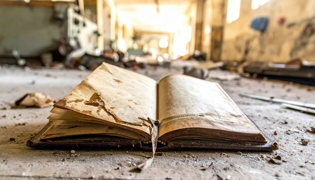 An old, water-damaged leather-bound diary lies open on the dusty floor of an abandoned building, whispering tales of the past.