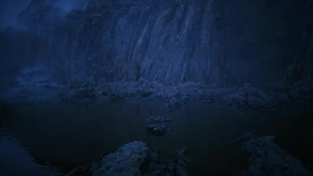 nocturne coastal pool centered isolated stone with mirror reflection, deep blue tones and quiet atmosphere, subtle mist and shadow create meditative stillness