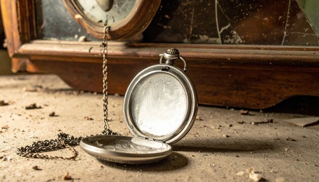 An open, tarnished silver locket with a broken chain lies on a dusty floor, showcasing vintage timekeeping and lost memories.