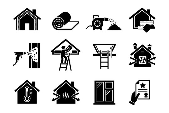 Home insulation and energy efficiency icons set - black and white illustrations.