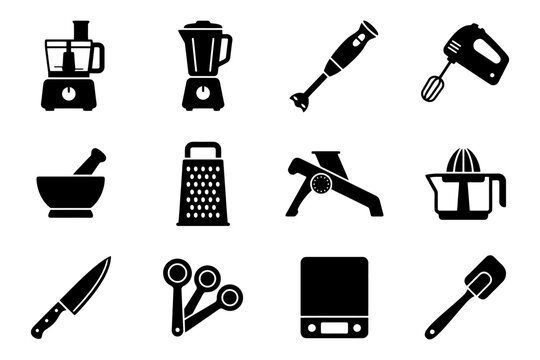 Silhouette icons of various kitchen utensils and appliances on white background.