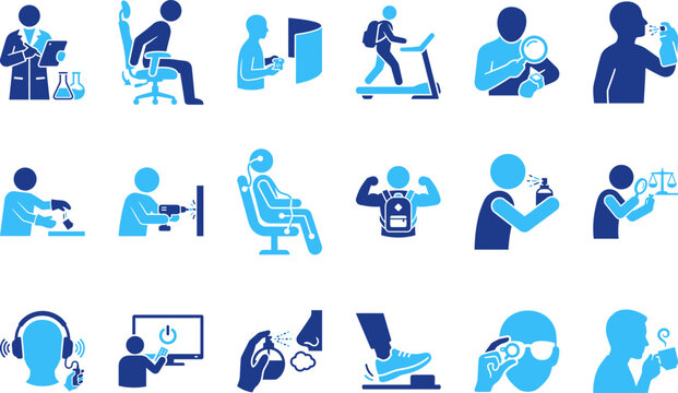 Blue icons depicting science, health, exercise, and sensory experiences and tests.