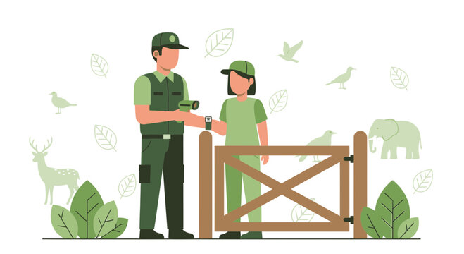 Wildlife Rangers Protecting Nature and Animals at Zoo or Reserve Entrance