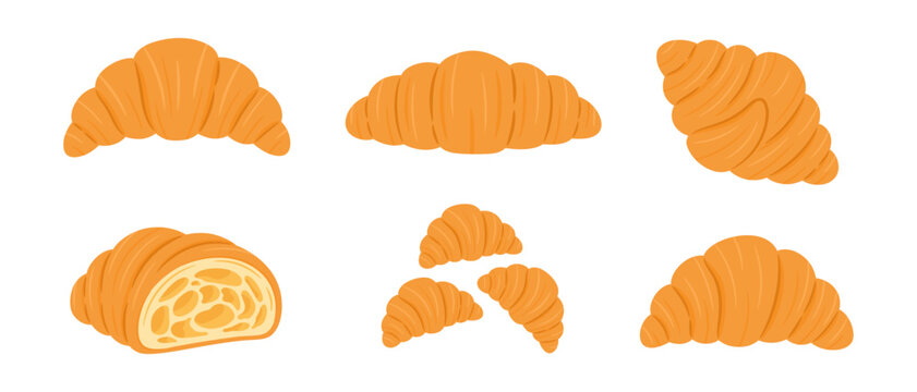 Set of fresh French croissants isolated on a transparent  background. Variety of baked pastry goods, whole crescent rolls and a cut half showing internal texture. Traditional bakery assortment.