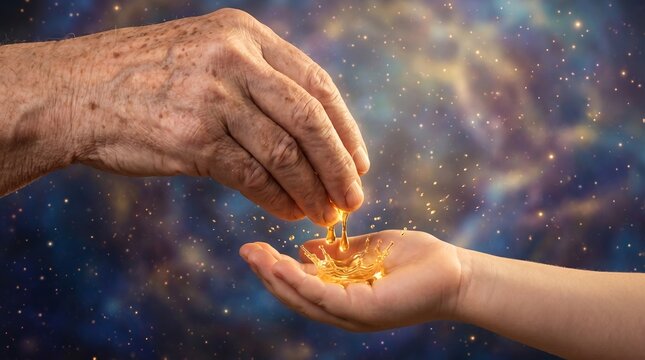 elderly hand young hand passing wisdom generations glowing droplets healing intimate cinematic moment quiet family legacy liquid light droplets suggest compassion emotional healing and small acts of