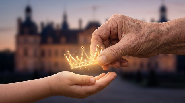 elderly hand young hand passing wisdom generations glowing crown leadership tender luminous exchange first lesson metaphor small crown suggests inherited dignity responsibility self worth and