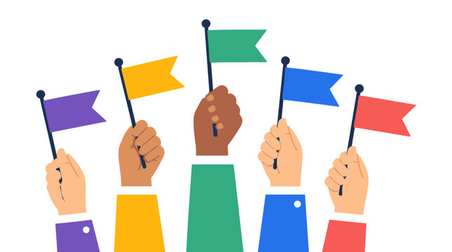 Group of Raised Hands Holding Colorful Flags.