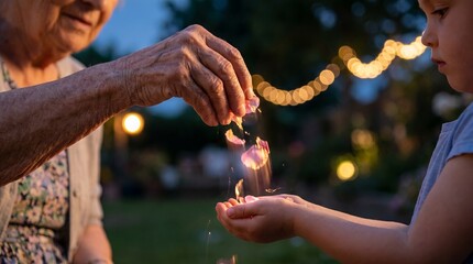 Fototapeta premium elderly hand young hand passing wisdom generations glowing petals kindness tender luminous exchange first lesson metaphor falling rose petals represent kindness beauty compassion and gentle family