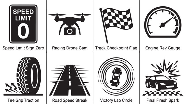 Racing, speed, and automotive icons, set of 8 vector graphics, speed limit, drone, checkered flag, gauge, tire traction, road, victory guide, finish spark