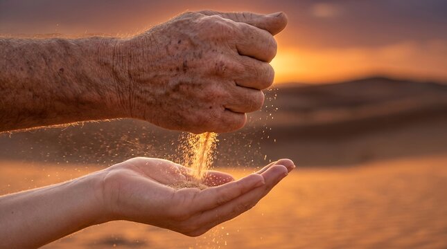 elderly hand young hand passing wisdom generations golden sand time warm symbolic closeup first lesson metaphor falling sand represents stories accumulated over time patience mortality and precious
