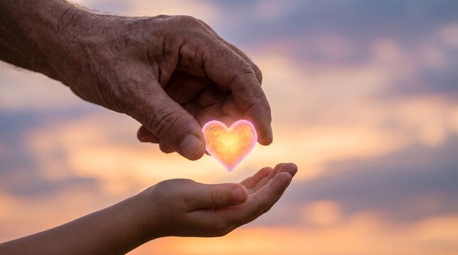 elderly hand young hand passing wisdom generations glowing heart love tender luminous exchange first lesson metaphor small heart of light symbolizes unconditional love emotional safety and tenderness