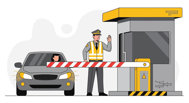 Toll Booth Security Guard Stopping Car at Checkpoint, Traffic Control