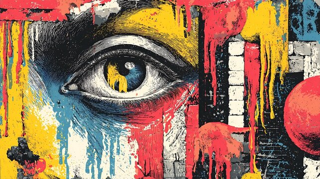 Start with what you have mindset human eye detail integrated into vibrant abstract street art mural with dripping paint textures and bold geometric