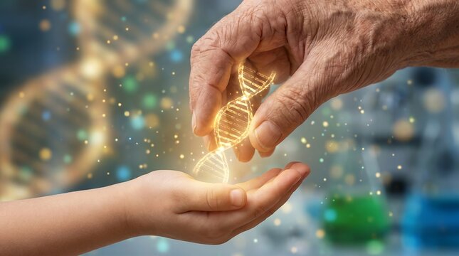 elderly hand young hand passing wisdom generations glowing DNA ancestry intimate cinematic moment first lesson metaphor luminous helix represents inherited identity biology ancestry and the blend of