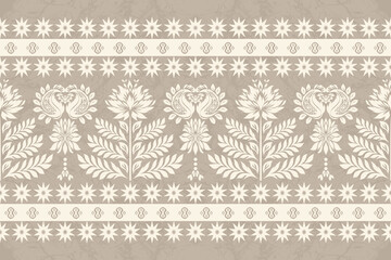 Traditional Indian Kalamkari Floral Border Pattern, Vintage Beige and Cream Damask Motif, Seamless Ethnic Paisley Flower Ornament for Sari, Dupatta, and Luxury Wedding Textile Print © supachai