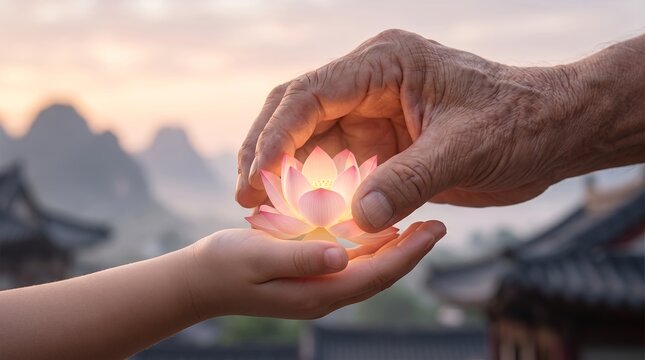 elderly hand young hand passing wisdom generations glowing lotus spirituality tender luminous exchange first lesson metaphor lotus light symbolizes inner peace resilience healing and spiritual growth