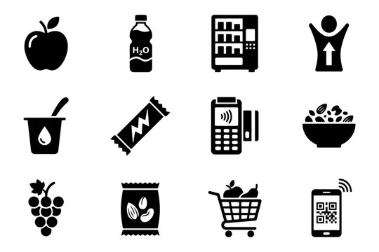 Healthy food and technology icons including apple yogurt and qr code.