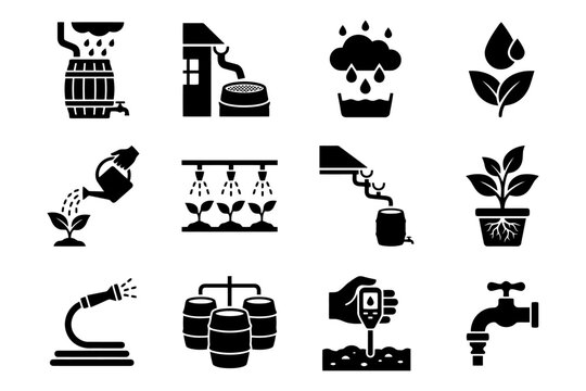 Black silhouettes of rainwater harvesting and plant irrigation techniques.