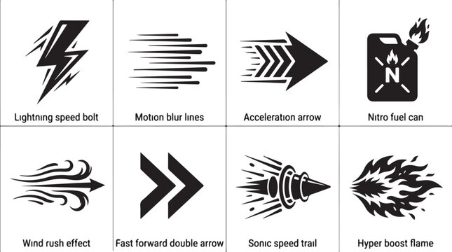 Speed icons, motion symbols, acceleration graphics, 8 speed effect elements