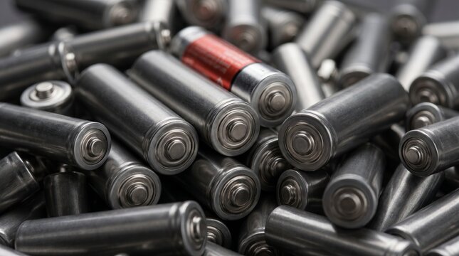 A close-up shot of a large pile of used and new cylindrical batteries, with one red battery standing out among many silver ones.