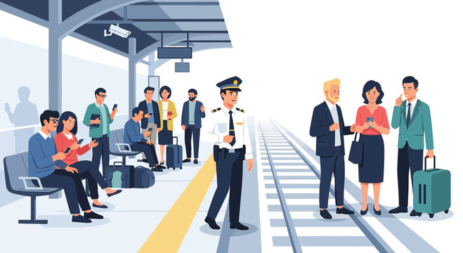 Train Station Platform with Travelers and Staff Waiting for Train