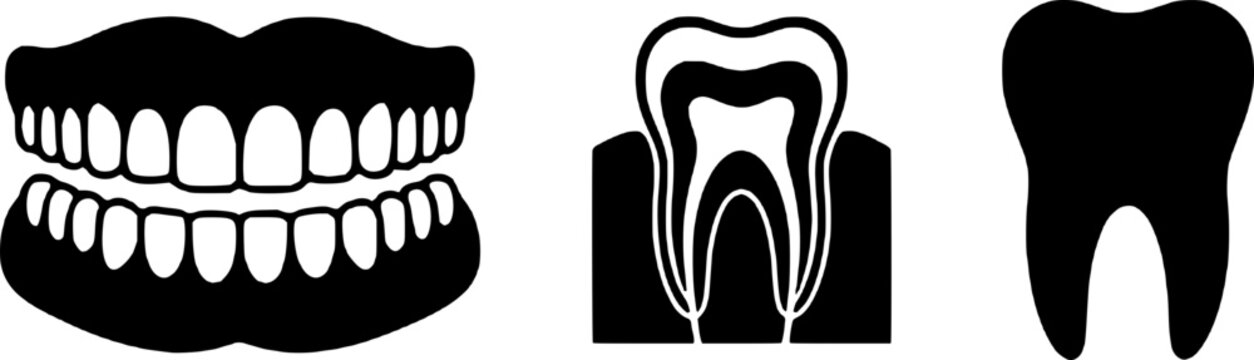 Dental icons including a set of white healthy teeth, a molar with root and pulp, and a single tooth silhouette on a white background for medical and healthcare designs.