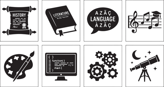 Education icons, learning symbols, school vector graphics, academic illustrations, 8 elements