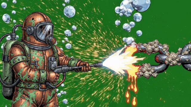 Vintage deep sea diver using underwater welding torch on rusty metal chain green screen