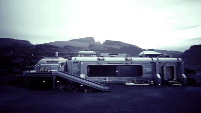 Research habitat module at dusk, external sensors and instrument racks, low light over jagged ridgelines, atmosphere of methodical exploration and scientific