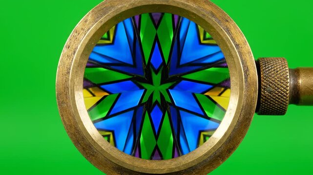 Vintage magnifying glass revealing dynamic colorful kaleidoscope patterns on green screen