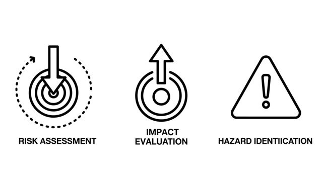 Risk assessment impact evaluation and hazard identification business safety process flow chart icons with assessment identification evaluation business management analysis security planning