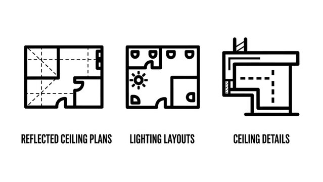 Set of architectural ceiling design plan icons illustrating reflected ceiling plans lighting layouts and ceiling construction details with architecture lighting interior construction technical
