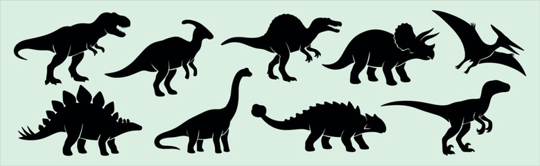 Set of dinosaur black silhouettes featuring predatory and herbivorous prehistoric reptiles for educational materials paleontological graphics and museum signage © Viktoriia
