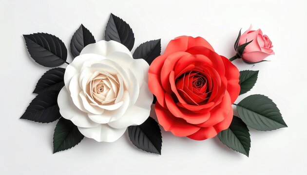 Two large paper roses, one white, one red, with dark leaves and a small pink bud