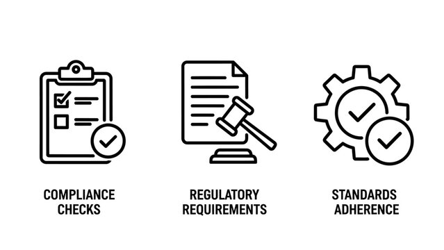 Compliance regulatory standards and quality check icons compliance regulatory requirements standards adherence business clipboard document validation verification certification management