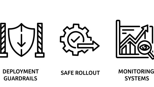 Software development dev ops deployment guardrails safe rollout and monitoring systems icons with deployment guardrails monitoring software development engineering infrastructure automation