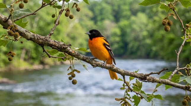 Baltimore Oriole perched on sycamore branch over river