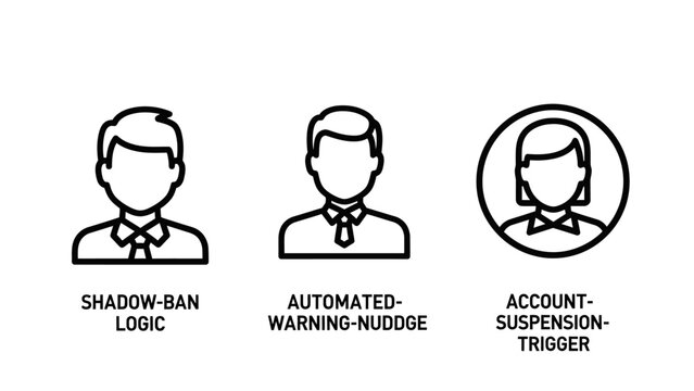 Social media content moderation icons illustrating shadow-ban logic automated warning nudge and account suspension with moderation suspension censorship platform compliance regulation internet
