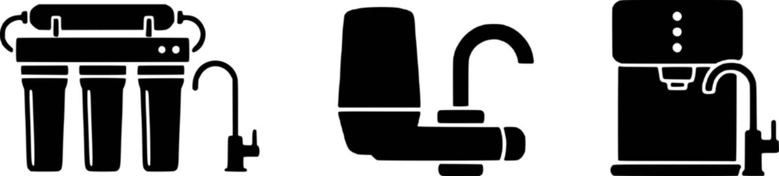 Black icons of water filter, toilet, and coffee maker on white background, plumbing and beverage symbols.