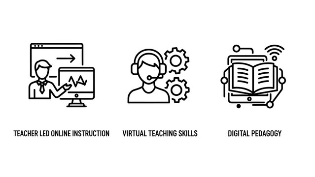 E-learning and digital education icons showing teacher led online instruction virtual teaching skills and digital pedagogy with e learning education elearning instruction teaching pedagogy