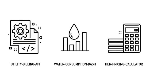 Utility billing and consumption analysis icons with consumption calculator business accounting programming development analysis calculation management corporate technology software